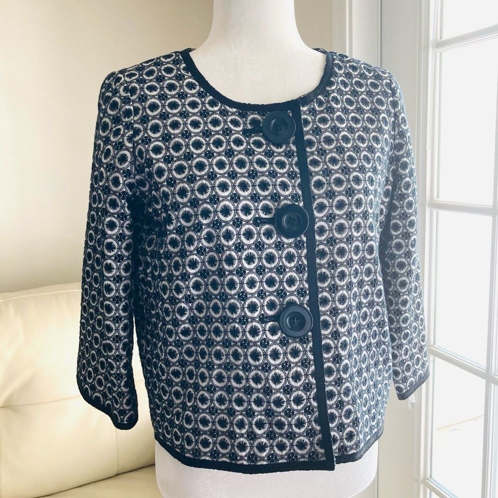 Max Studio Black White Eyelet 3/4 Sleeve Light Jacket Coat XS
